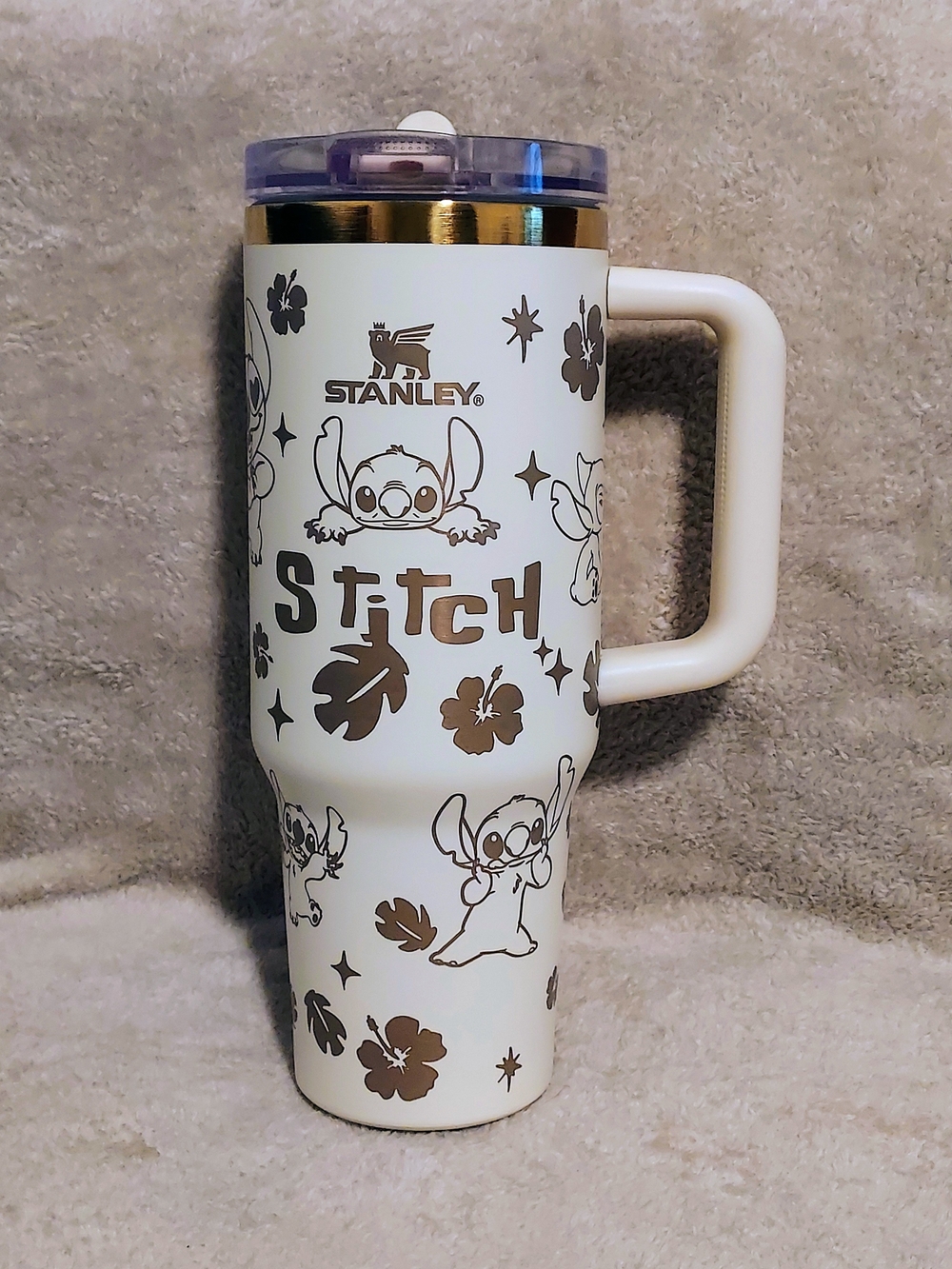 Stanley White Travel Tumbler with Gold Accents and Stitch Design